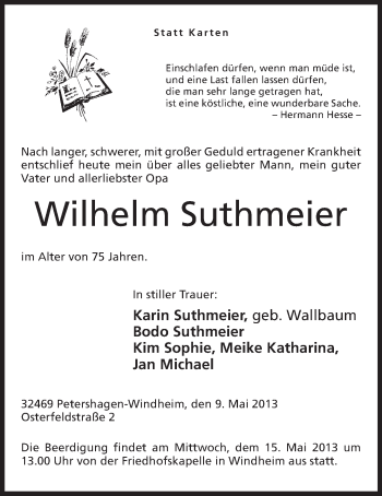 Anzeige von Wilhelm Suthmeier von Mindener Tageblatt