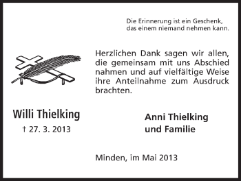 Anzeige von Willi Thielking von Mindener Tageblatt