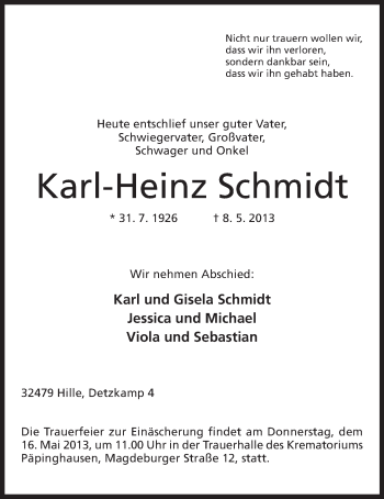 Anzeige von Karl-Heinz Schmidt von Mindener Tageblatt