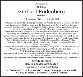 Anzeige von Gerhard Rodenberg von Mindener Tageblatt