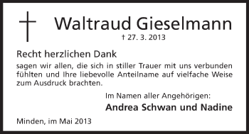 Anzeige von Waltraud Gieselmann von Mindener Tageblatt