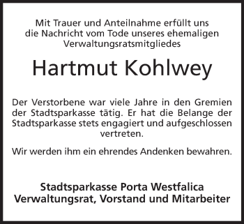 Anzeige von Hartmut Kohlwey von Mindener Tageblatt
