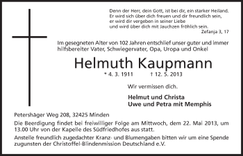 Anzeige von Helmuth Kaupmann von Mindener Tageblatt