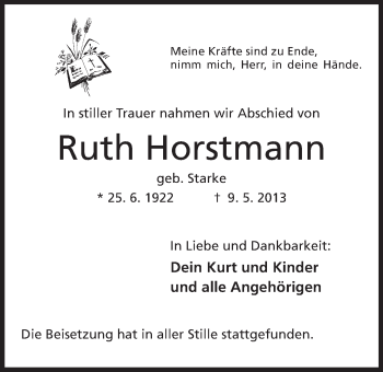 Anzeige von Ruth Horstmann von Mindener Tageblatt