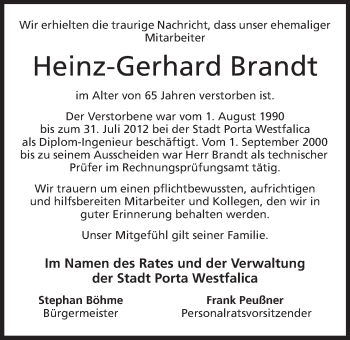 Anzeige von Heinz-Gerhard Brandt von Mindener Tageblatt