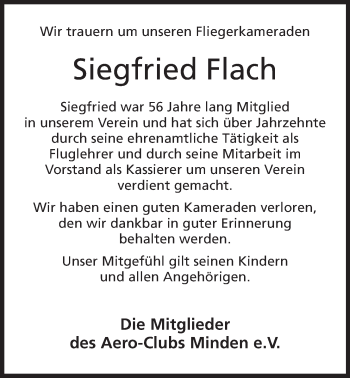 Anzeige von Siegfried Flach von Mindener Tageblatt