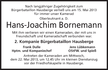 Anzeige von Hans-Joachim Bornemann von Mindener Tageblatt