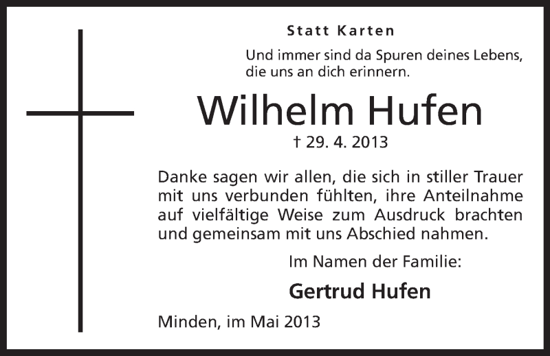  Traueranzeige für Wilhelm Hufen vom 18.05.2013 aus Mindener Tageblatt