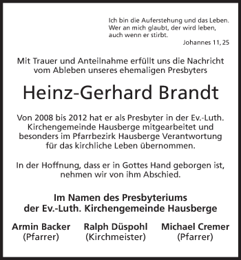 Anzeige von Heinz-Gerhard Brandt von Mindener Tageblatt