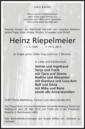Anzeige von Heinz Riepelmeier von Mindener Tageblatt
