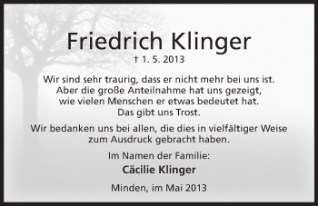 Anzeige von Friedrich Klinger von Mindener Tageblatt