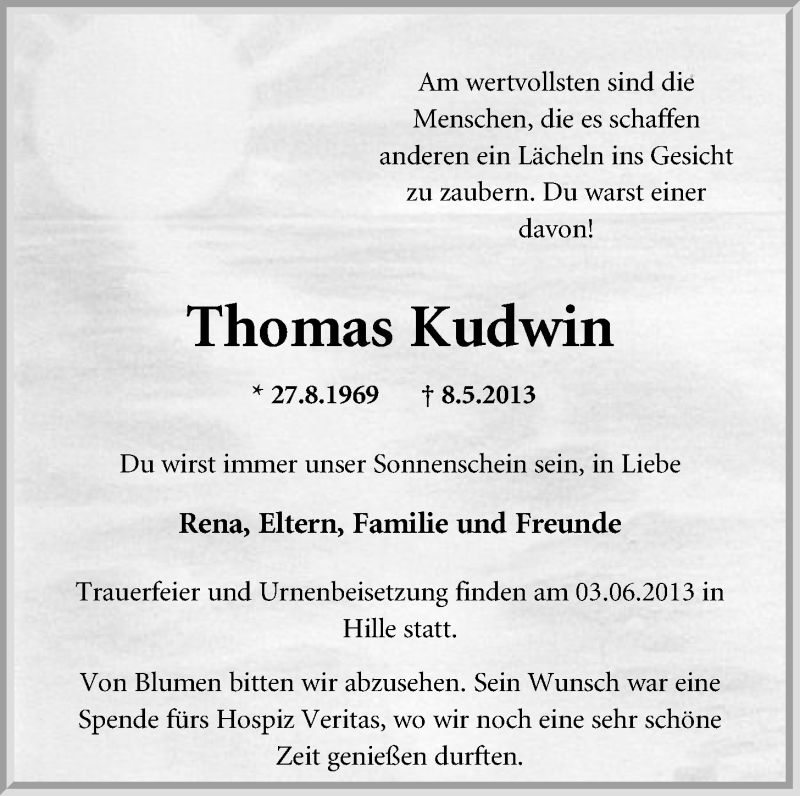  Traueranzeige für Thomas Kudwin vom 03.06.2013 aus Mindener Tageblatt