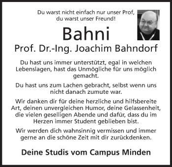 Anzeige von Joachim Bahndorf von Mindener Tageblatt