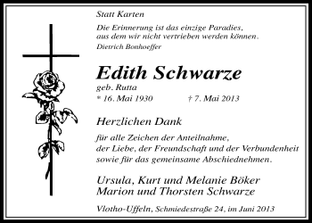 Anzeige von Edith Schwarze von Mindener Tageblatt
