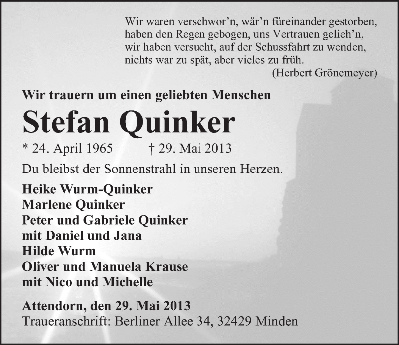  Traueranzeige für Stefan Quinker vom 01.06.2013 aus Mindener Tageblatt