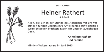 Anzeige von Heiner Rathert von Mindener Tageblatt