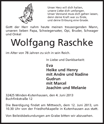 Anzeige von Wolfgang Raschke von Mindener Tageblatt