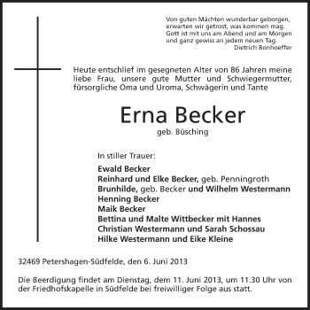 Anzeige von Erna Becker von Mindener Tageblatt