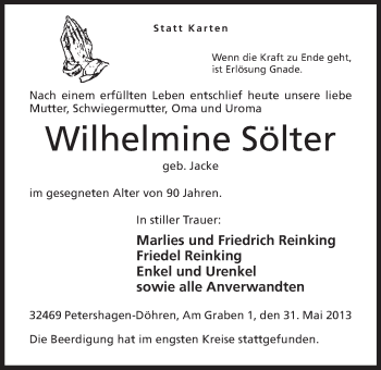 Anzeige von Wilhelmine Sölter von Mindener Tageblatt