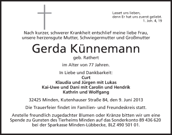 Anzeige von Gerda Künnemann von Mindener Tageblatt