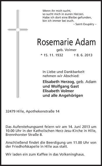Anzeige von Rosemarie Adam von Mindener Tageblatt