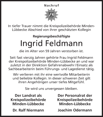 Anzeige von Ingrid Feldmann von Mindener Tageblatt