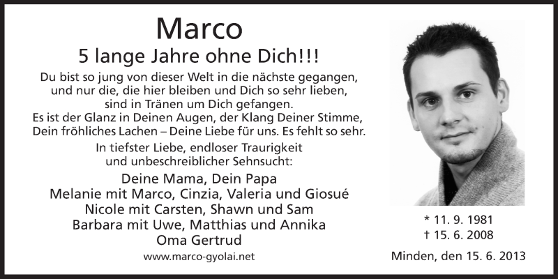  Traueranzeige für Marco Gyolai vom 15.06.2013 aus Mindener Tageblatt
