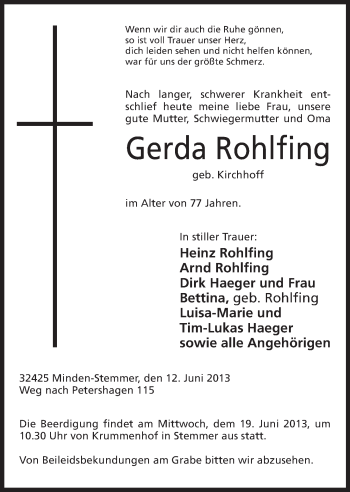 Anzeige von Gerda Rohlfing von Mindener Tageblatt