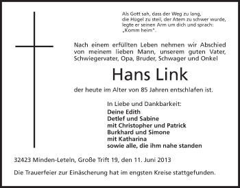 Anzeige von Hans Link von Mindener Tageblatt