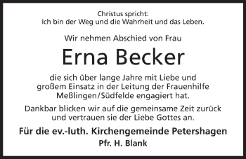 Anzeige von Erna Becker von Mindener Tageblatt
