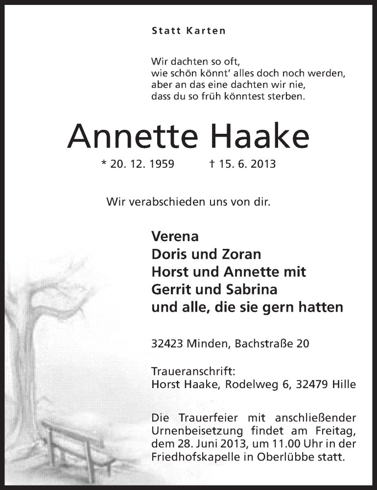  Traueranzeige für Annette Haake vom 22.06.2013 aus Mindener Tageblatt