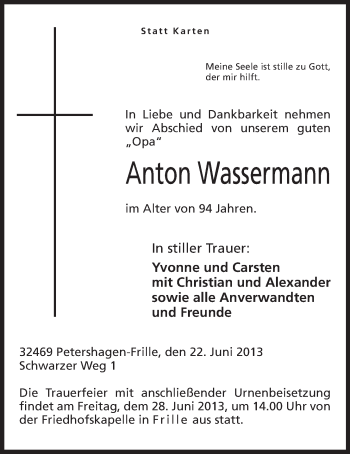 Anzeige von Anton Wassermann von Mindener Tageblatt