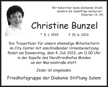 Anzeige von Reinhard Schabram von Mindener Tageblatt