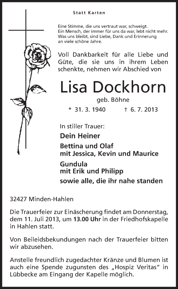  Traueranzeige für Lisa Dockhorn vom 09.07.2013 aus Mindener Tageblatt