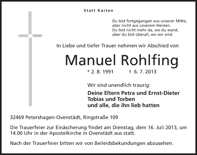  Traueranzeige für Manuel Rohlfing vom 10.07.2013 aus Mindener Tageblatt