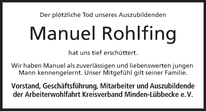 Traueranzeige für Manuel Rohlfing vom 17.07.2013 aus Mindener Tageblatt