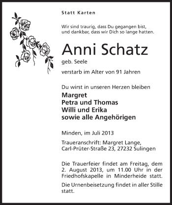 Anzeige von Anni Schatz von Mindener Tageblatt