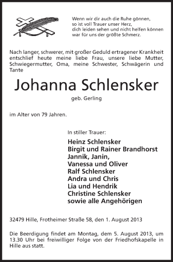 Anzeige von Johanna Schlensker von Mindener Tageblatt