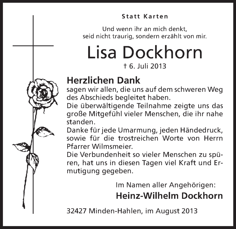  Traueranzeige für Lisa Dockhorn vom 03.08.2013 aus Mindener Tageblatt
