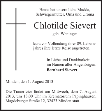 Anzeige von Chlotilde Sievert von Mindener Tageblatt