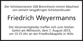 Anzeige von Friedrich Weyermanns von Mindener Tageblatt