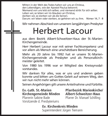 Anzeige von Herbert Lacour von Mindener Tageblatt