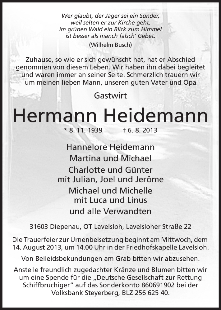  Traueranzeige für Hermann Heidemann vom 10.08.2013 aus Mindener Tageblatt