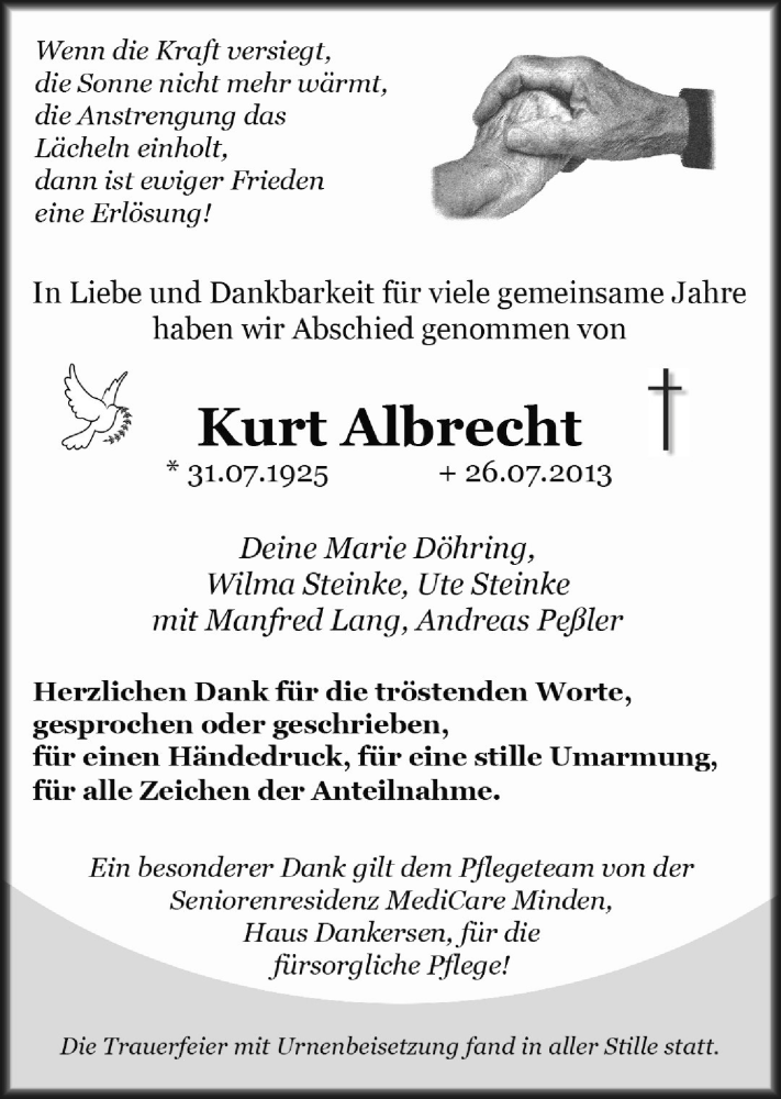  Traueranzeige für Kurt Albrecht vom 17.08.2013 aus Mindener Tageblatt