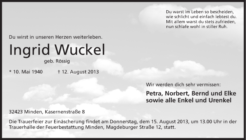  Traueranzeige für Ingrid Wuckel vom 13.08.2013 aus Mindener Tageblatt