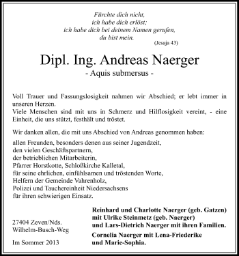 Anzeige von Andreas Naerger von Mindener Tageblatt