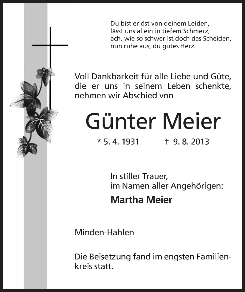  Traueranzeige für Günter Meier vom 17.08.2013 aus Mindener Tageblatt