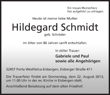Anzeige von Hildegard Schmidt von Mindener Tageblatt