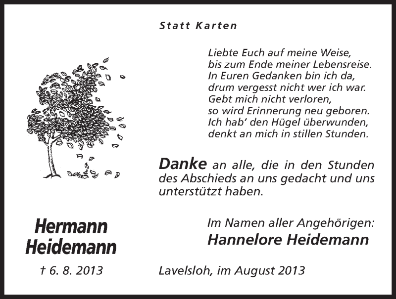  Traueranzeige für Hermann Heidemann vom 31.08.2013 aus Mindener Tageblatt