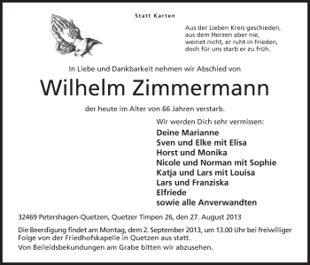 Anzeige von Wilhelm Zimmermann von Mindener Tageblatt